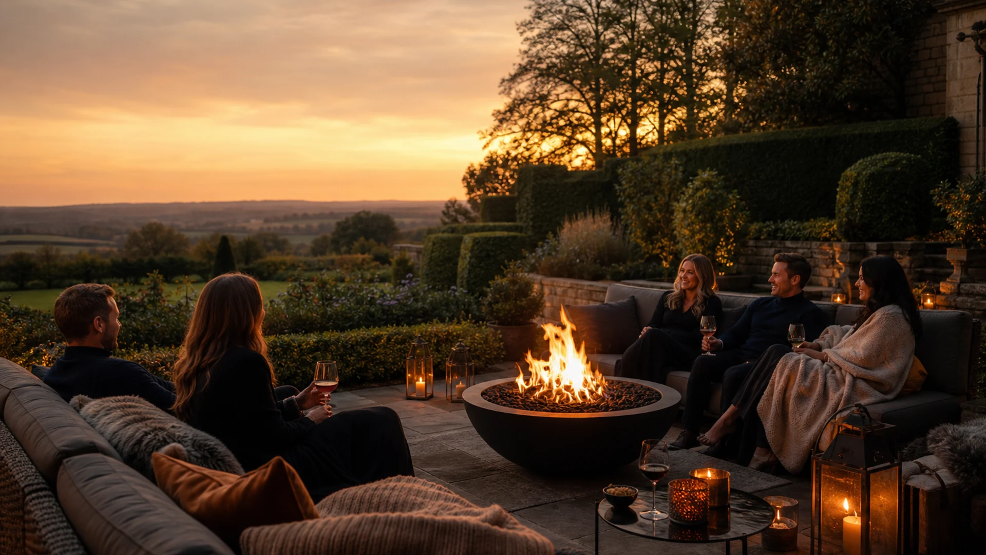 Friends relaxing around a modern fire pit at sunset